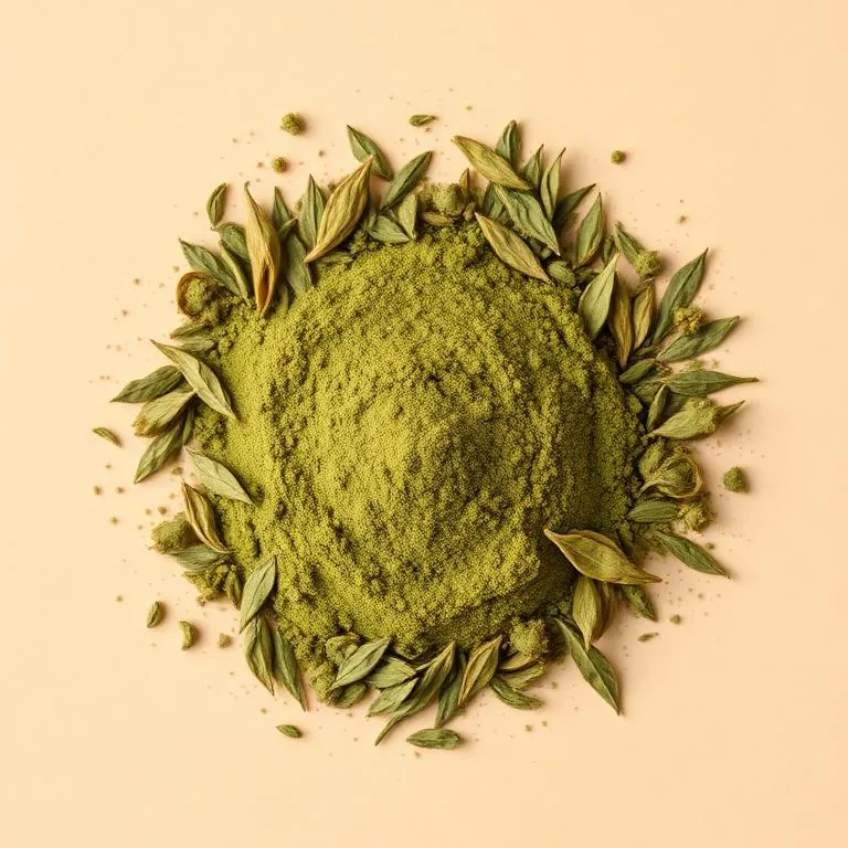 Dehydrated moringa drumstick leaf and moringa powder from Raisa Foods on a cream background