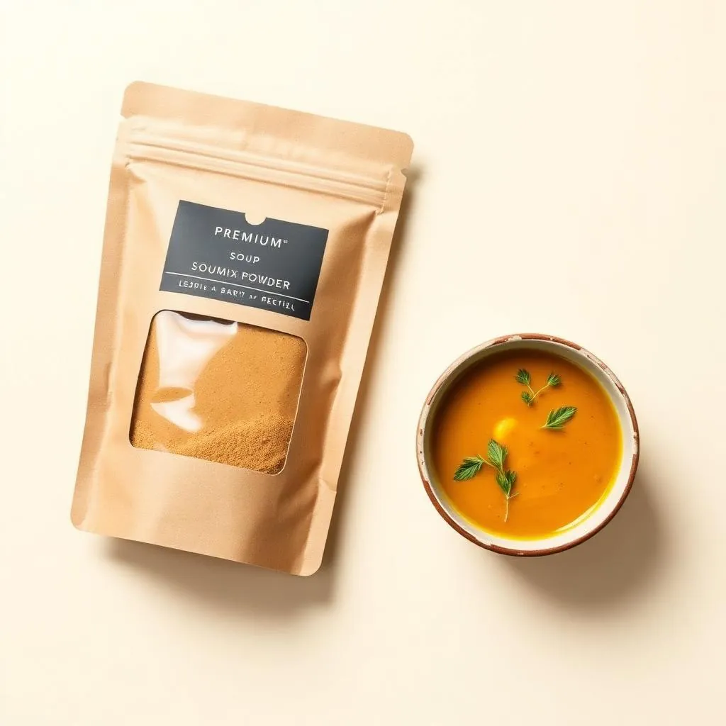 Bowl of hot soup prepared from a Raisa Foods soup premix with dried vegetable garnish