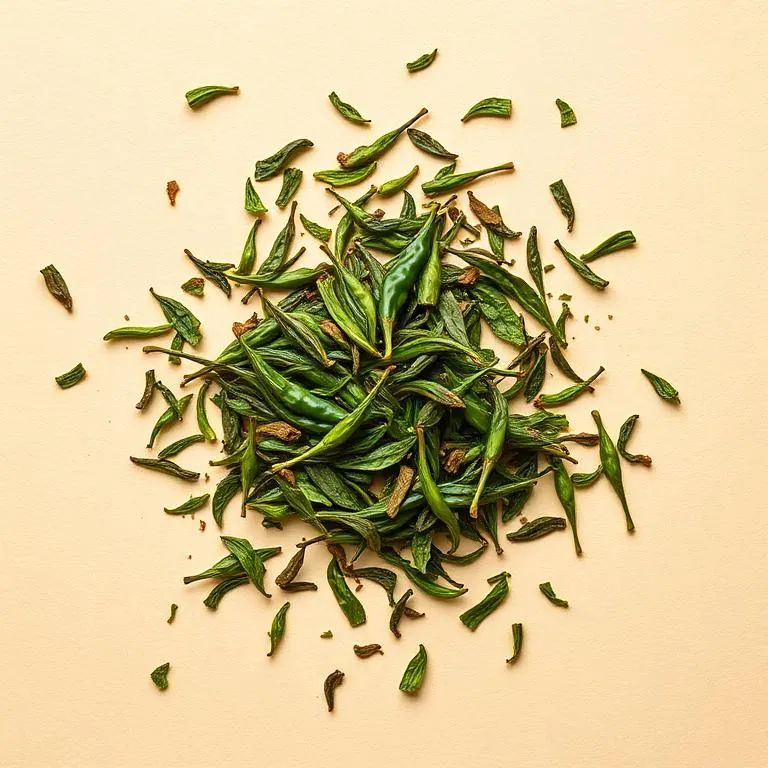Dehydrated green chilli flakes and powder from Raisa Foods, shown as whole dried chillies on a cream background