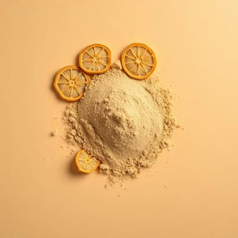 Dehydrated ginger slices, granules and powder from Raisa Foods on a cream background
